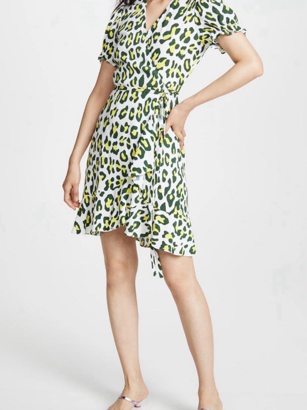Diane Von Furstenberg Emilia Wrap Dress Leopard Print Yellow White Sz XL DVF